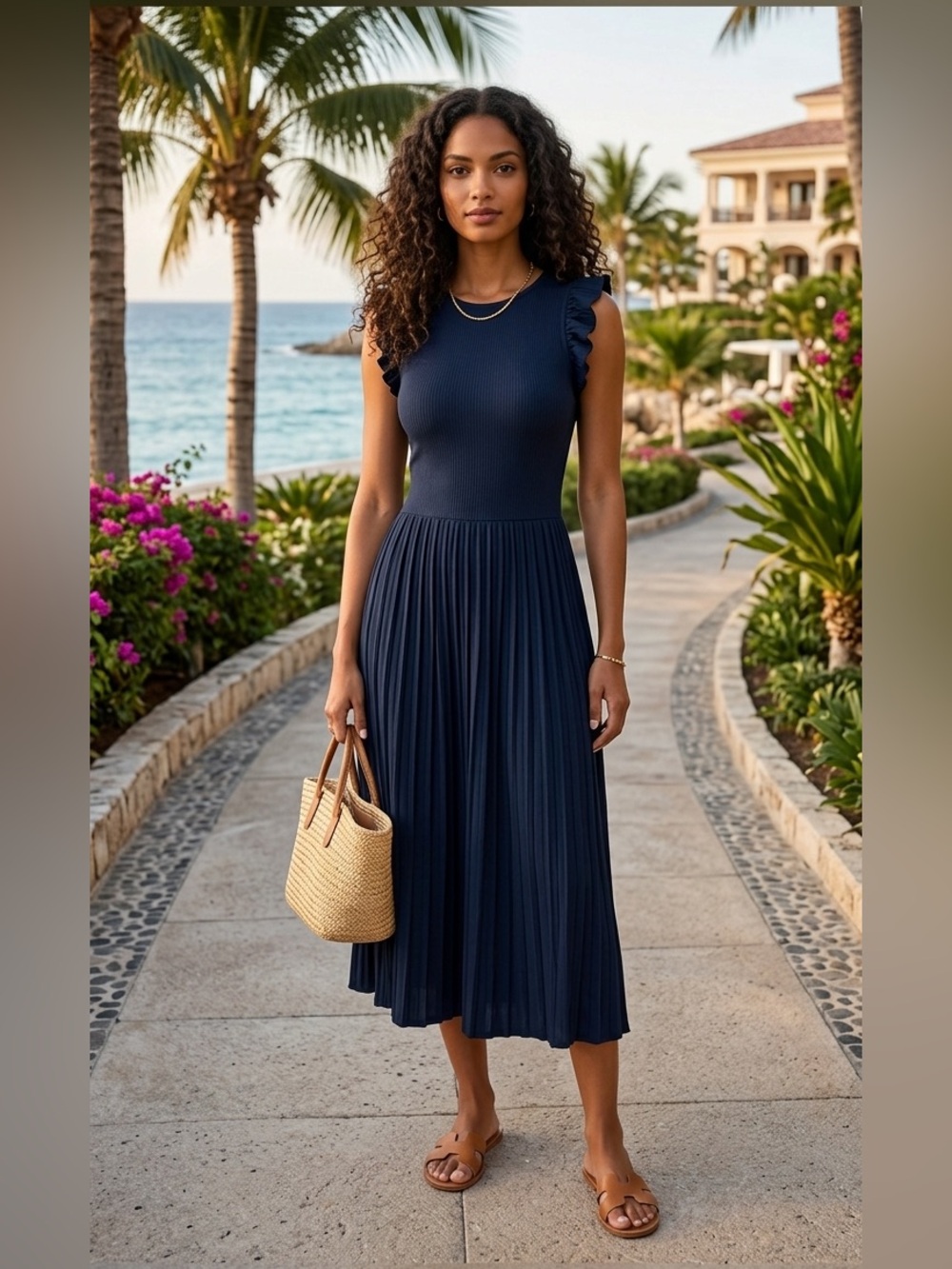Ellen Tracy Navy Pleated Midi Dress Ruffle Sleeve Size M